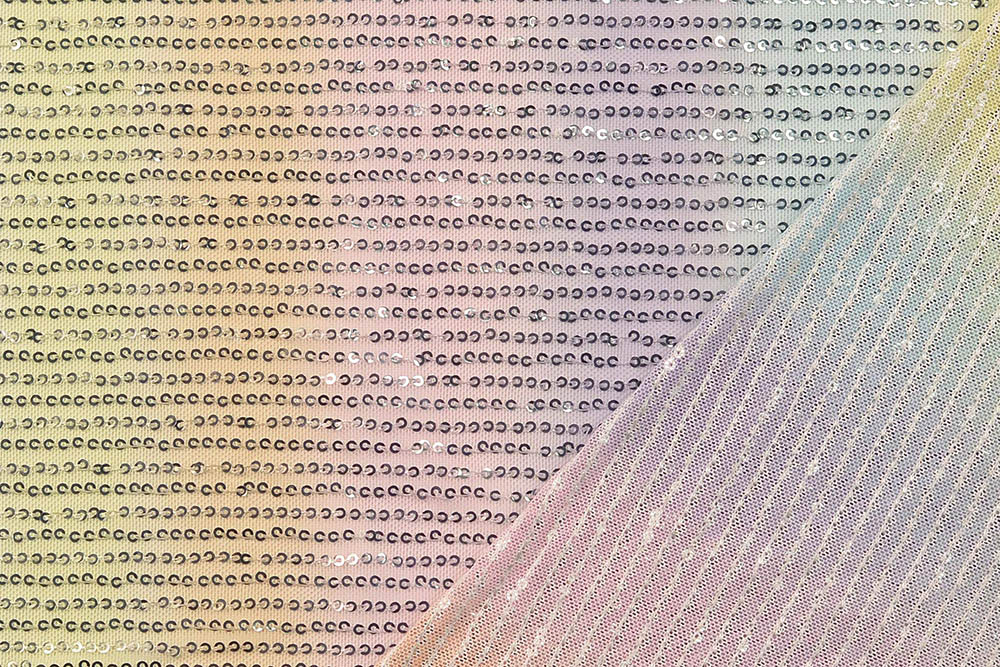 Feiner Pailletten-Tüllstoff mit kleinen, feinen Pailletten und pastellbunter Netzstruktur. Elastisch, leicht und weich! Fn3180 Paillettenstoff Regenbogenfeinepaillettentlle2 Tüllstoffe Paillettenstoff - Regenbogen-Tüll