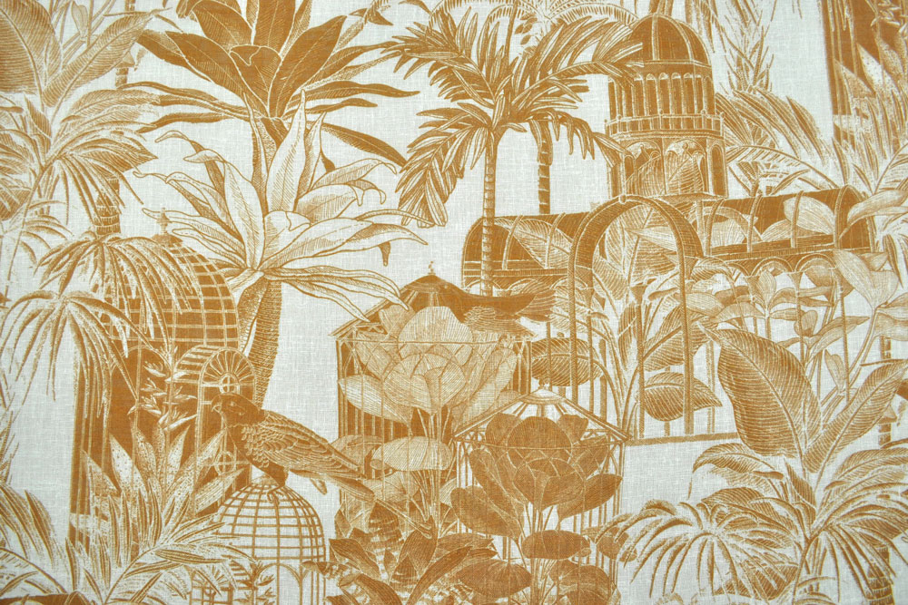 Gardinenstoff mit imposanten Muster in modernem Curry - ideal für Heimtextilien und mehr!  Gs5114002 Leinen Voile Curry S4y Dekostoffe Toile de jouy Gardinenleinen - Dschungel Toile - Curry