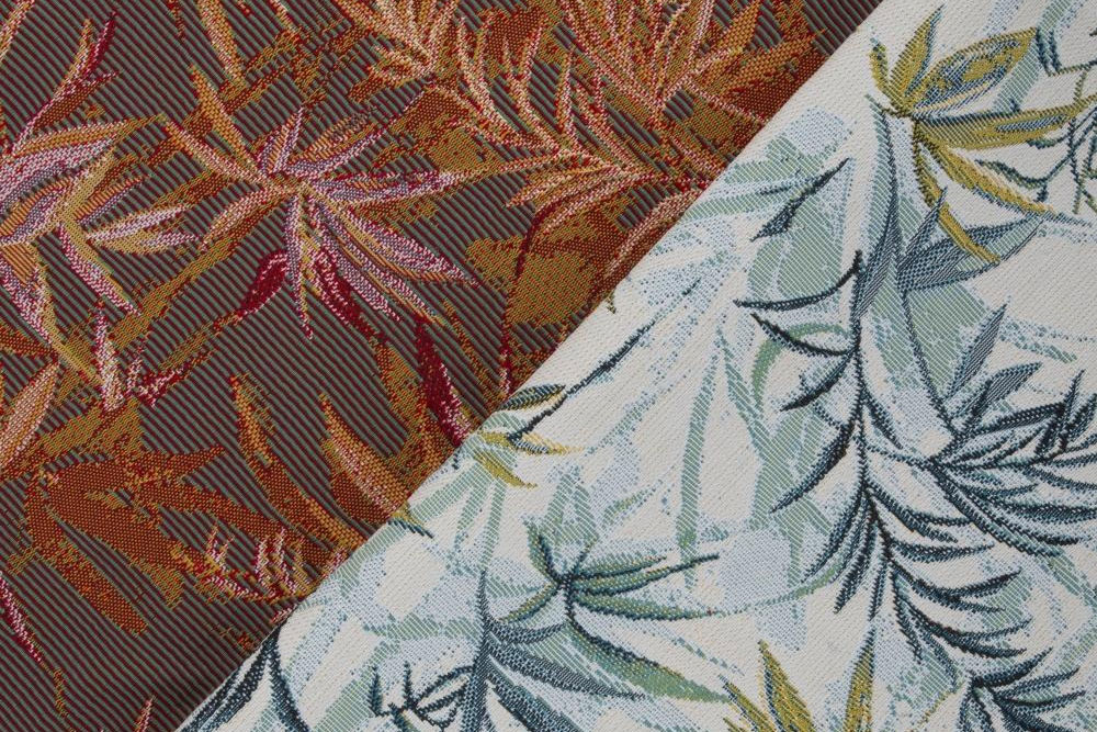 Dekostoff mit Tropenflair: nachhaltig produziert, extrem robust und gemacht für Innen- und Außenbereiche. Ms5182 Jacquard Dekostoff Balileaves S4y Dekostoffe Natur Outdoor-Gobelin Bio - Palma