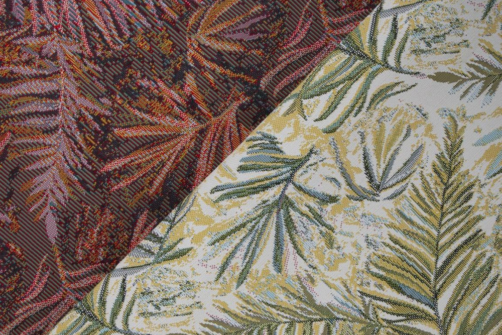Strahlende Tropenstimmung für drinnen & draußen – robust, pflegeleicht und umweltschonend produziert. Ms5183 Jacquard Dekostoff Tulum S4y Juni Outdoor-Gobelin Bio - Capri