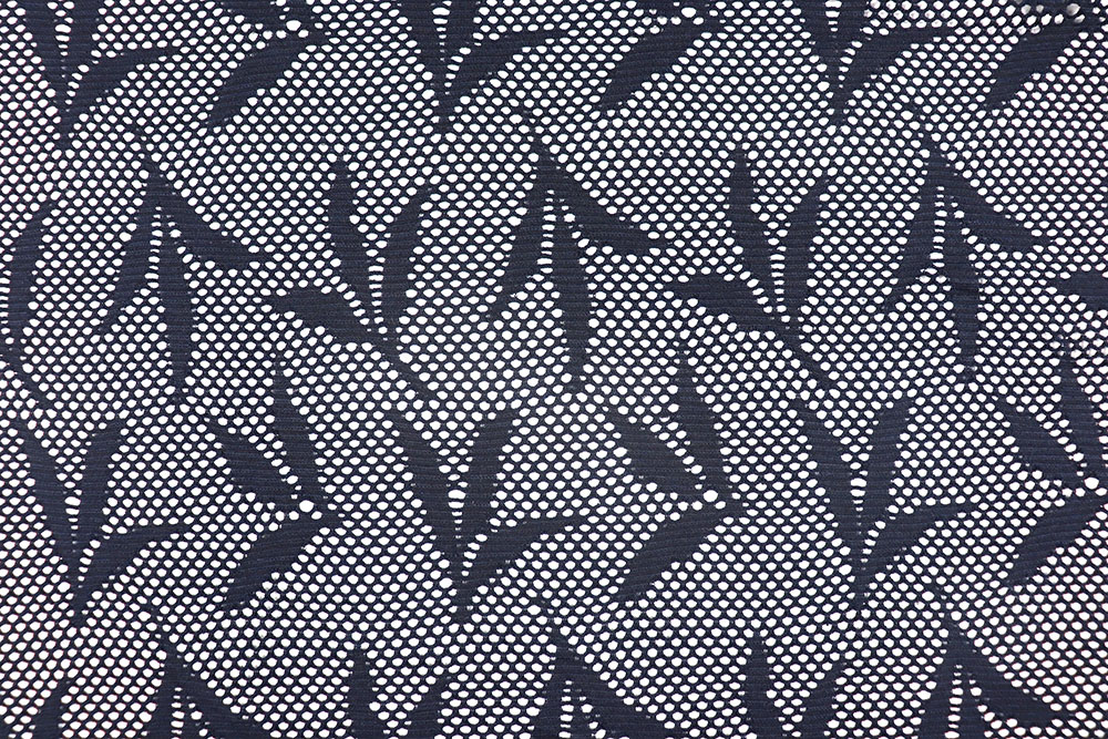 Halbtransparente Meterware mit elegantem Blätter-Design, verführerisch gute Qualität! Sp155388 Sonderposten NEU Stretch-Mesh Premium - Leaves - Nachtblau
