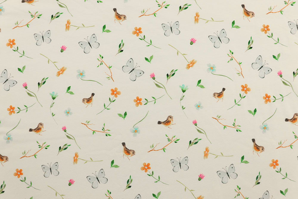 Romantischer Baumwolljersey in Weiß mit zartem Print aus Blumen, Vögeln und Schmetterlingen. Sp165022 Jersey Folraundfauna Wei S4y Sale Jersey - Flora & Fauna - Weiß