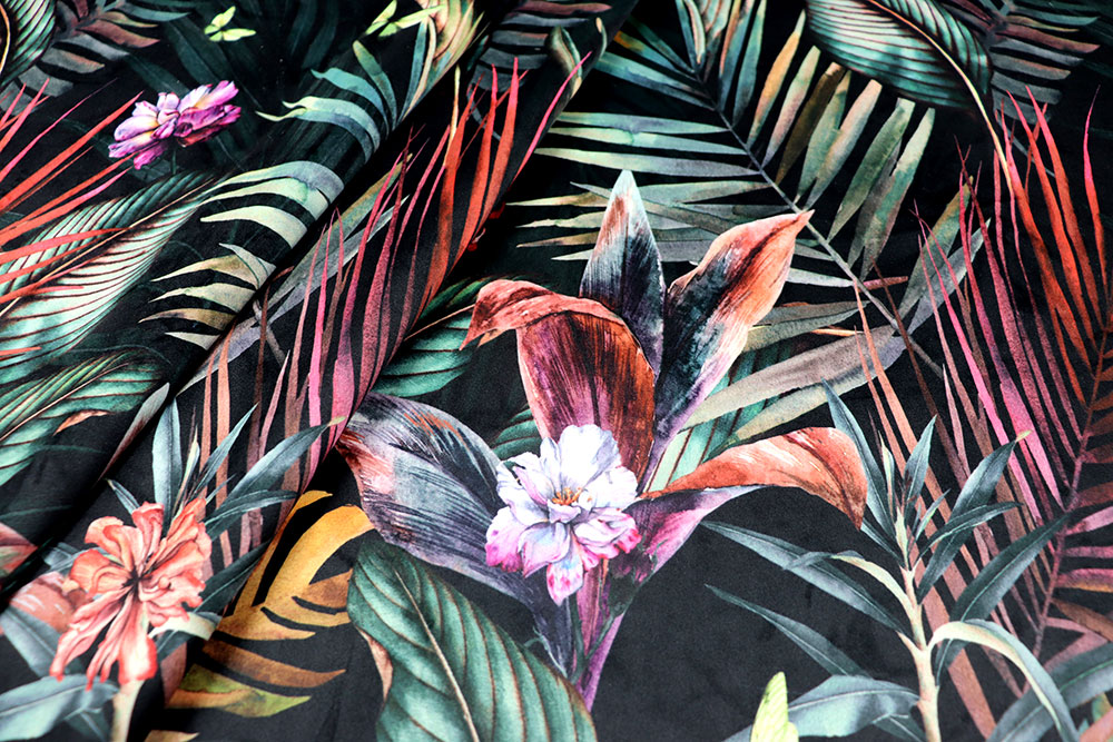 Edler Premium-Samtstoff mit opulentem Pflanzen-Design Sp167004 Dekostoff Samt Tropisch Digital-Drucke Samt-Dekostoff - Digitaldruck - Tropical Night