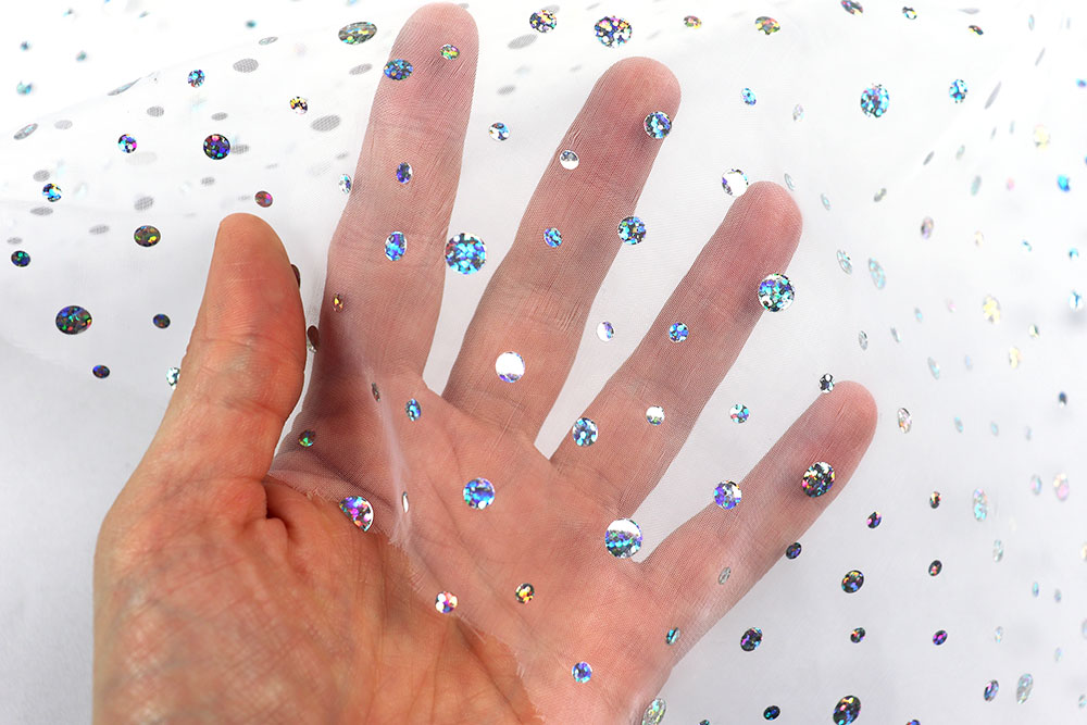 Feinster Organza mit Glitzer-Pailletten, toll für effektvolle Deko, Kleidung, Kostüme usw. Sp168045 Organza Pailletten Weiss 2 Mai Organza Hologramm - Pailletten - Weiß