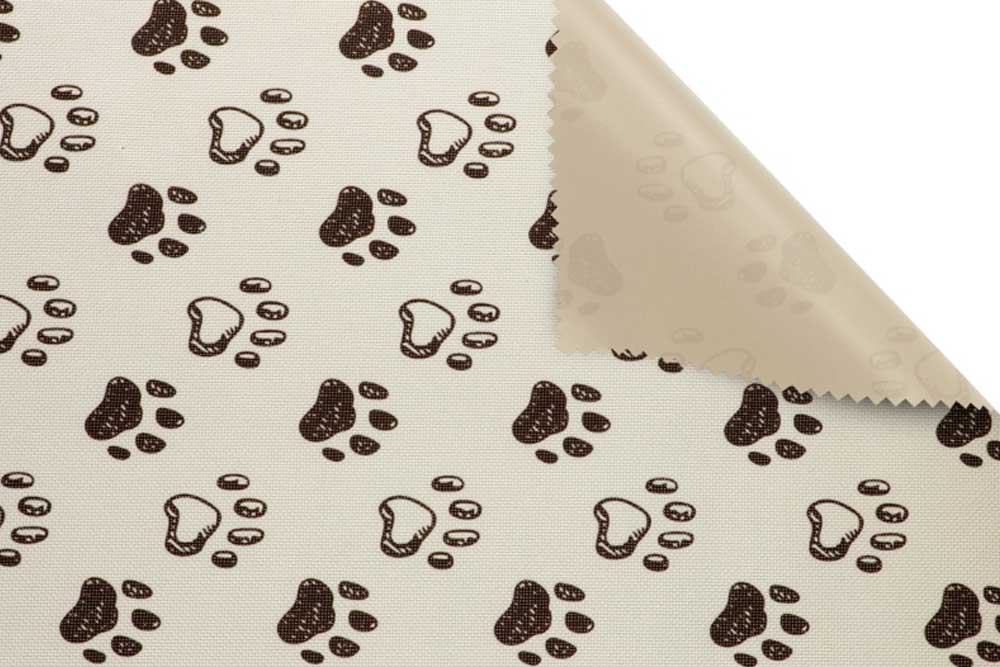 Robuster Polyester-Stoff mit einem charmanten Hundepfoten-Druck. Tg1228065 Polyesterstoff Tatze Beige 001 Gemustert  Polyesterstoff wasserabweisend - Tatze - BeigePolyesterstoff Pfotenmuster umgeklappt