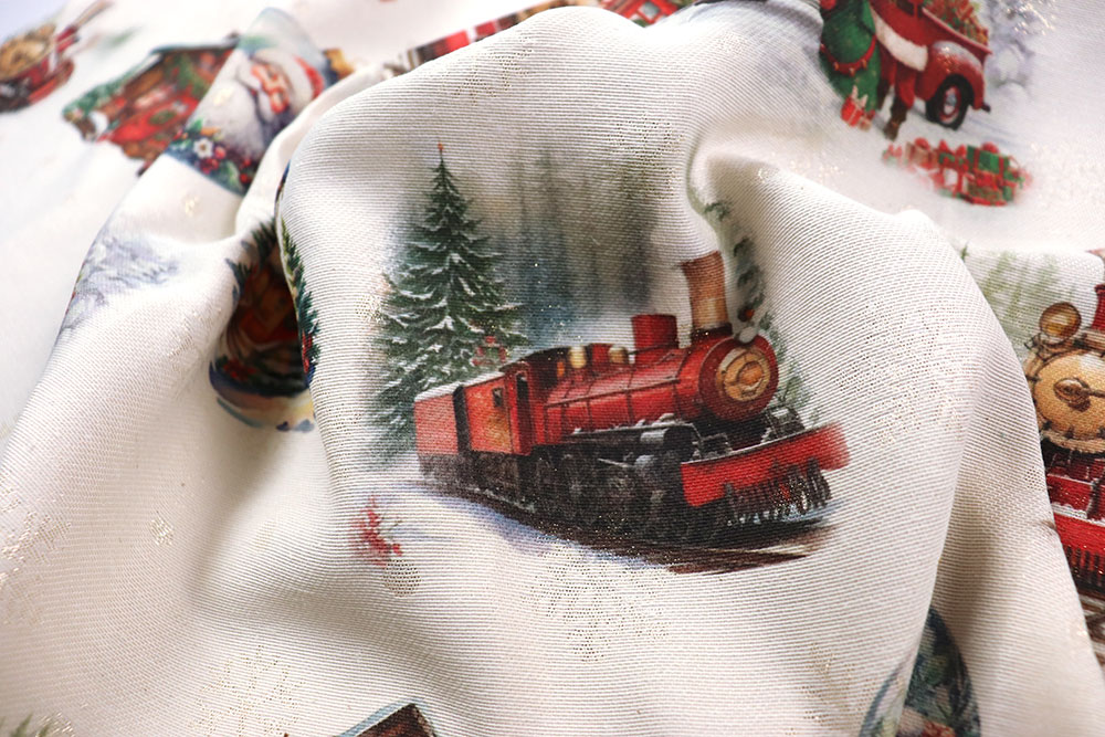 Weihnachtsstimmung mit Dampf, Glitzer und Liebe zum Detail. Wn5338 Jacquard Weihnachtsstoff Eisenbahn S4 Weihnachten Figuren Jacquard Glitzer - Christmas Express