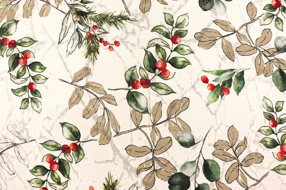Funkelnder Jacquard mit Goldglanz-Elementen und einem Rankenmotiv, das für eine herrlich winterliche Atmosphäre sorgt Wn5368 Weihnachtsstoff Jacquard Glitzer Mistelzweig S4 Weihnachten sonstige Jacquard Premium - Winterstimmung