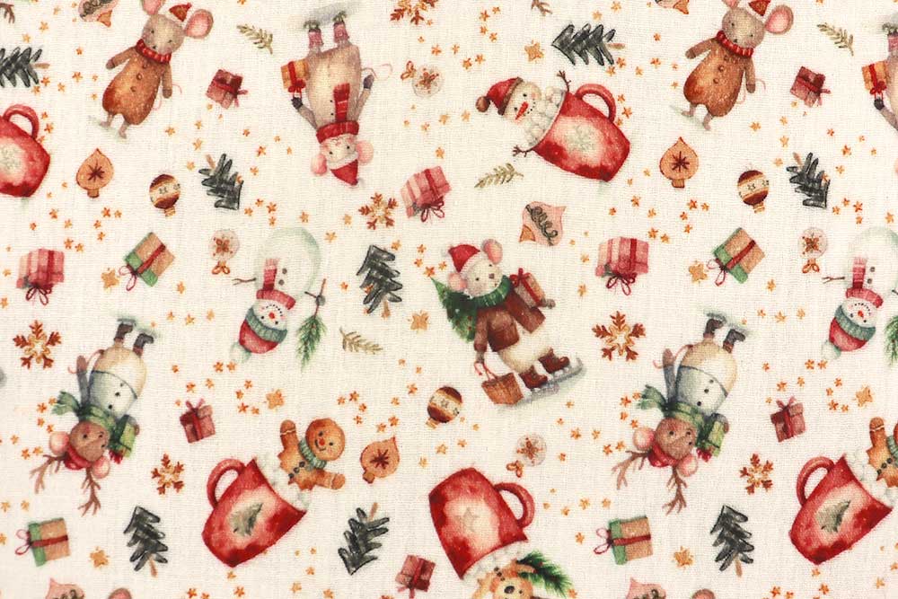 Dieser weihnachtliche Musselin lädt zum Heiße-Schoki-Trinken mit winterlichen Mäusen ein. Wn5371 Musselin Weihnachten Maeuse Baumwolle sonstige Weihnachts-Musselin - Winterliche Mäuse