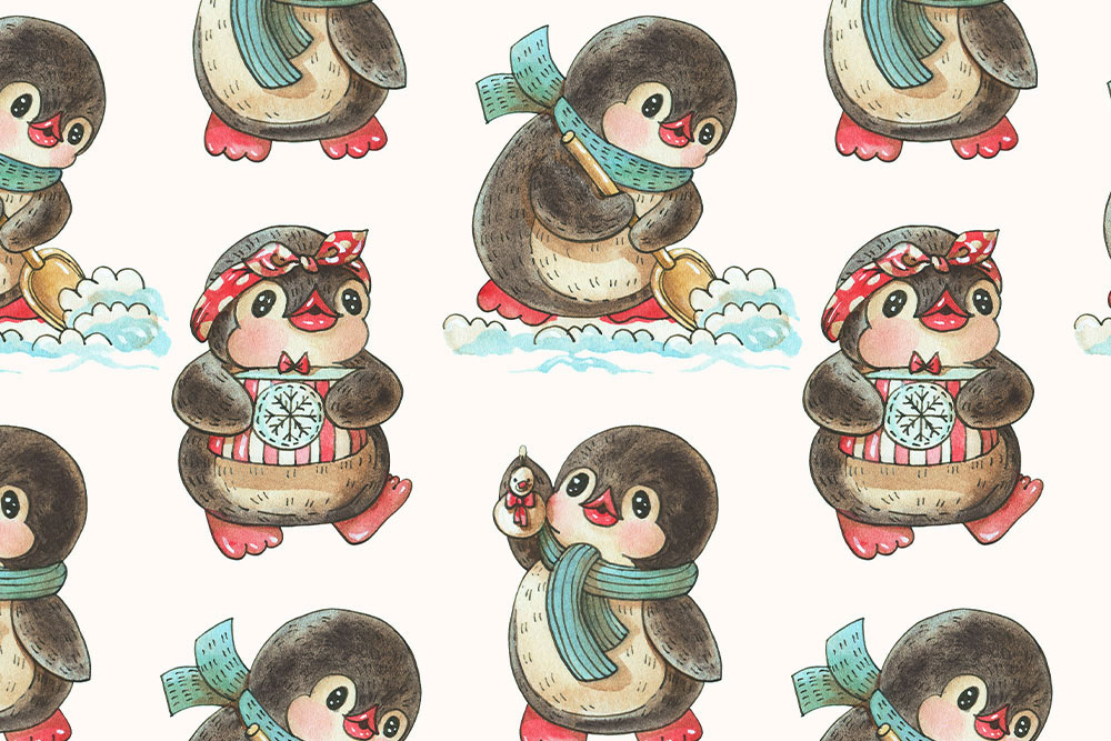 Eine gemütliche Winter-Weihnachtszeit wünschen Ihnen die süßen Pinguine auf diesem tollen Aquarell-Dekostoff 130 107870 Dekostoff Pinguine Winter Weihnachten  S4y Weihnachten Tiere Dekostoff - Pinguine im Winter