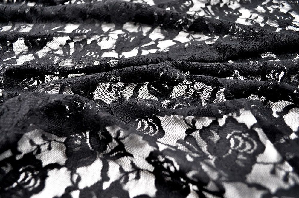 Hochwertige, weiche Spitze mit Rosen-Muster Bk5616 Spitze Blumen Schwarz Spitze Stretch-Spitze deluxe - große Blüten - Schwarz