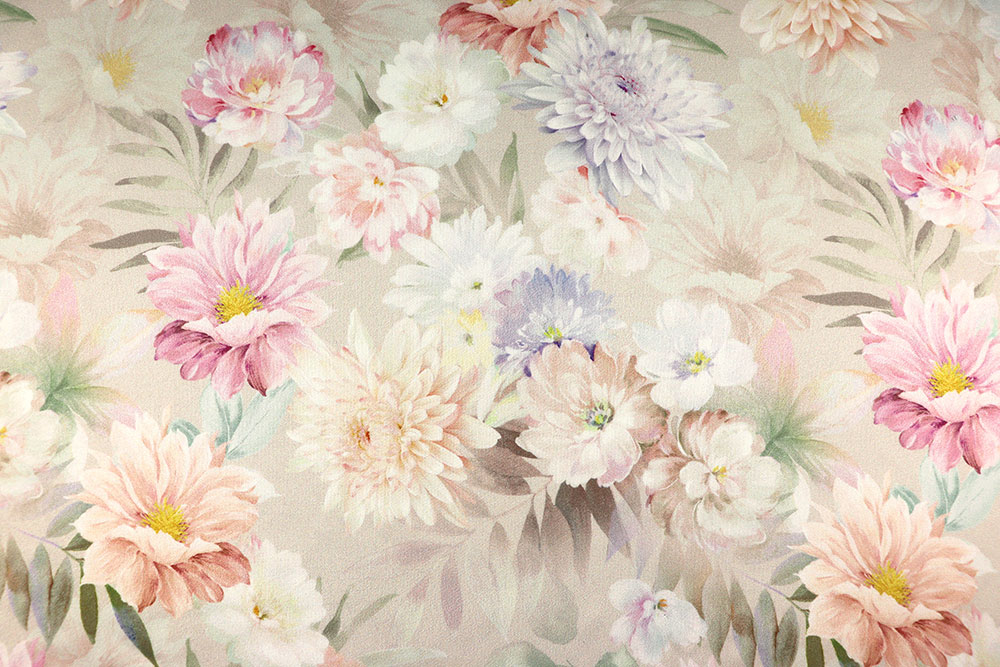 Romantischer Stretch Satin verziert mit einem zarten Blumenbouquet Bk7416 Satin Blumen Aquarell S4 Tanzsport Stoffe Soft-Satin - Bouquet