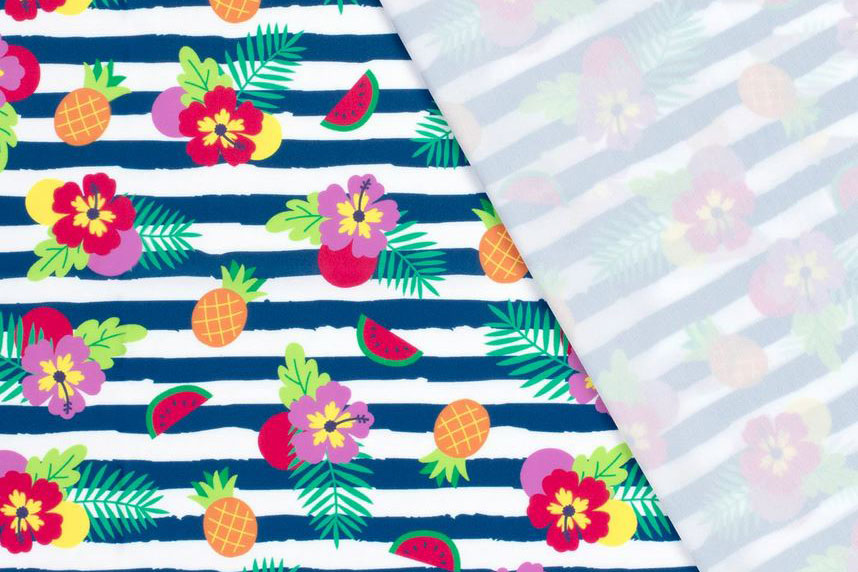 Ringel und bunte Blumen sorgen auf diesem digital bedruckten Stoff aus recycelten Fasern für eine fröhlich-sommerliche Optik! Bk7508 Badeanzugstoff Tropischestreifen S4y Recycling-Stoffe Badeanzugstoff Recycling - Tropische Streifen