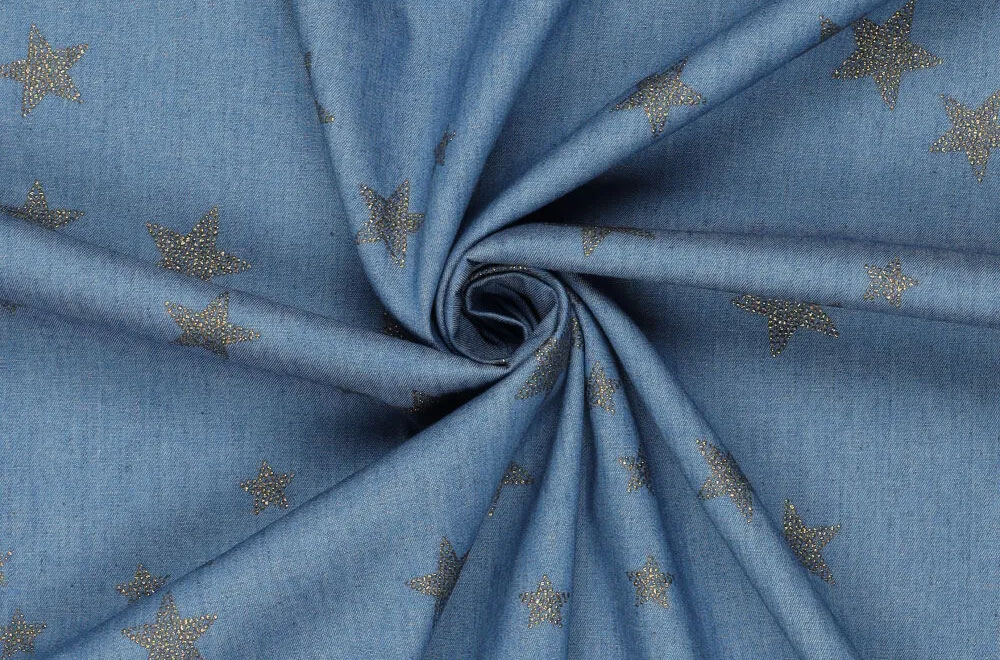 Funkelnde Sterne auf leichtem Jeans-Gewebe für Hemden, Blusen und mehr Bk7623 Baumwolledenimsterne(2) Glitzer + Pailletten Jeansstoff - Glitzer-Sterne