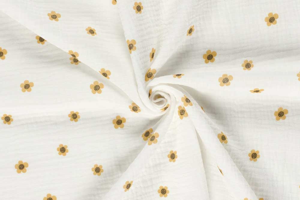 Luftiger und weicher Musselin-Stoff mit zarten Sonnenblumen Bk7787 Musselin Sonnenblume 001 Kinderstoffe Musselin - SonnenblumenMusselinstoff Sonnenblumen Struktur