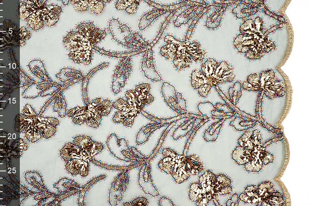 Feines Mesh mit opulenter Pailletten-Stickerei und Bordüre - Luxus und Glamour pur! Bk8009 Mesh Bestickt Gruen 2 Pailletten Stoffe Mesh bestickt - Gold-Pailletten - Grün