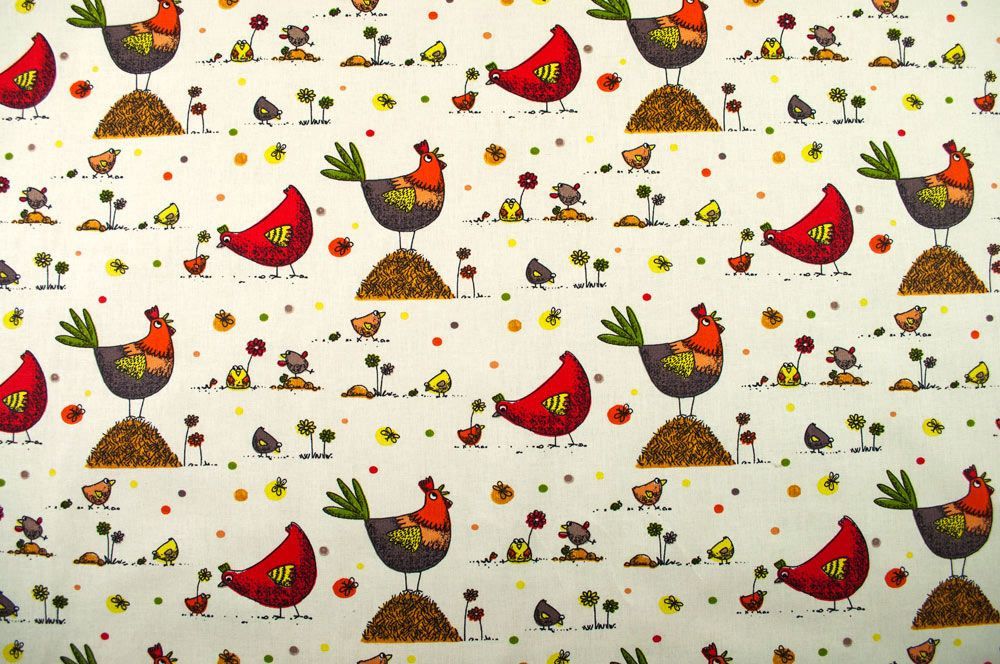 Feiner Baumwollstoff mit fröhlichen Hühnern für Heimtextilien, Kinderzimmerdeko und vieles mehr Co6153 Huehner Orange1 Kinderstoffe Baumwollstoff - Happy Chicken - Orange/Rot