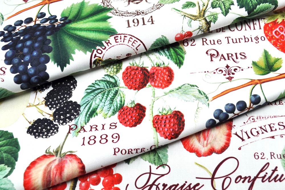 Robuster Baumwollstoff bedruckt mit buntem Obst und Schriftzügen im Vintage-Stil Co6513 Baumwollstoff Fruechte 1 Baumwolle Obst+Gem. Baumwollstoff Köper - Joies de l'été