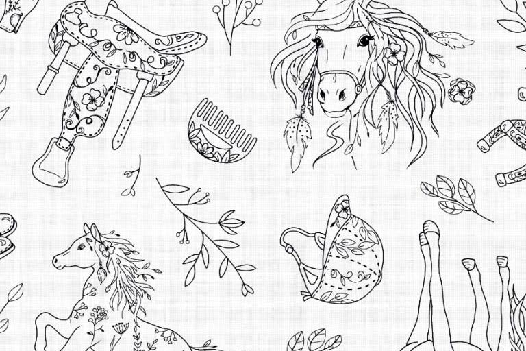 Stoff zum Ausmalen aus 100% Baumwolle - Kreativspaß für Groß und Klein! Co6630 Baumwollstoff Bemalbar Pferde S4 Kinderstoffe Ausmalstoff Baumwolle - Pferdeliebe