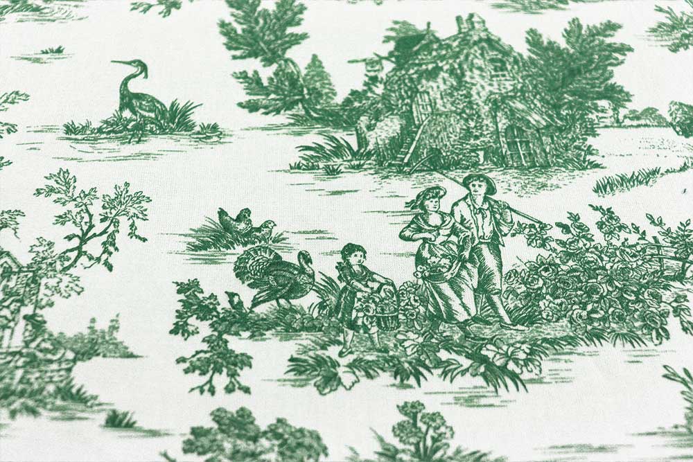 Schöner Baumwollstoff in Cretonne-Qualität mit nostalgischem Toile de Jouy Motiv in Überbreite. Co6830 Baumwollstoff Toile Grn Baumwolle Bäuerlich Baumwollstoff Toile de Jouy - 280 cm - Erntezeit - Grün
