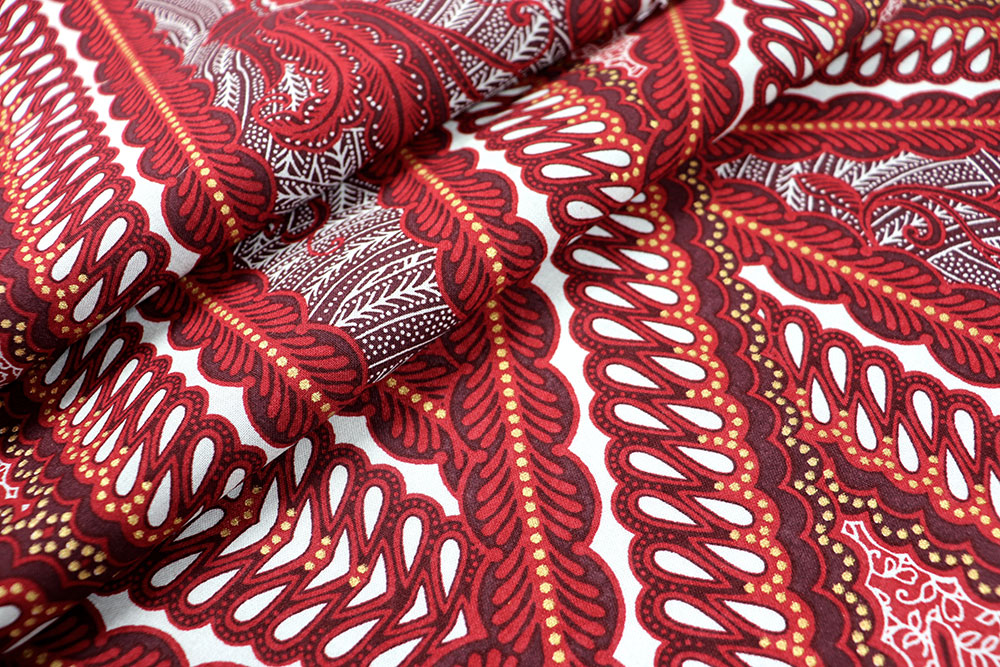 African Java Print mit opulentem Muster und goldglänzenden Pünktchen - ein edler Stoff aus reiner Baumwolle Co6885 African Waxprint Glaenzend Rot Nah Baumwolle sonstige African Java Print - Premium - Rot