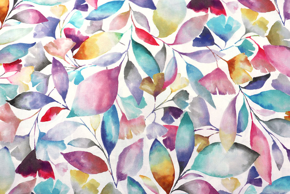 Digital bedruckter Baumwollstoff in Überbreite mit farbenfrohem Blätter-Design Co6893 Dekostoff Aquarell Blaetter S4  Baumwollstoff Digital - Bunte Aquarell-Blätter - 280 cm