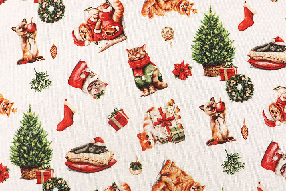 Miau und frohes Fest – diese Katzen feiern stilvoll auf Baumwolle! Co6921 Baumwollstoff Weihnachten Katzen Baumwolle Tiere Baumwollstoff - Weihnachtspfoten
