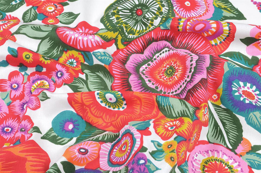 Feiner Cretonne aus reiner Baumwolle mit knallig buntem Blüten-Design Co7007 Baumwollstoff Bunte Blueten Baumwolle Blumen Baumwollstoff - Ampara