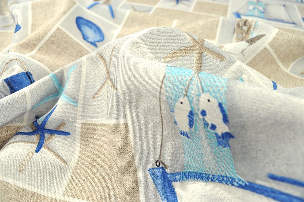 Seestern, Rettungsring, Muschel und Sand - fertig ist ein einfaches wie geniales Beach-Design auf überbreitem Dekostoff Ds3129 Dekostoff Ueberbreit Maritim Übergardinen Dekostoff Leinenoptik - Seesterne, Muscheln und Co. - 280 cm