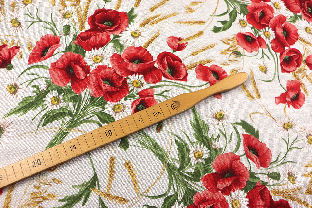 Leuchtende Mohnblumen und Ähren bringen rustikale Sommerstimmung direkt in Ihre vier Wände! Ds3339 Dekostoff Leinenoptik Mohnblumen S4 Blumen, Früchte, Pflanzen - 280 cm Dekostoffe Dekostoff Leinenoptik - Poppy Red - 280 cm