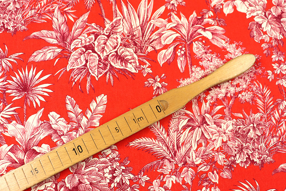 Knalliger Dekostoff aus reiner Baumwolle im Toile-de-Jouy-Stil für aparte Kreationen, die alle Blicke auf sich ziehen! Ds4096 Dekostoff Tropisch Toile De Jouy Rot S4 Toile de Jouy Dekostoff Premium - Exotic Toile