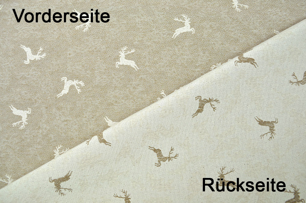 Aufwändig durchgewebter Dekostoff mit Tiermotiv im gemütlichen Landhaus-Stil Ds5736 Jacquard Hirsch Dekostoffe Landhaus Dekostoff Jacquard - zweiseitig - Hirschsprung - Beige