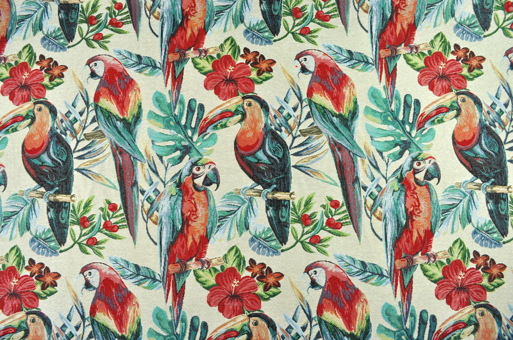 Hochwertiger Jacquard mit eingewebten Papageien, Tukanen und Blüten - Exotik pur! Ds5950 Jacquard Papagei S4 Jacquard Dekostoff Jacquard - Papagei