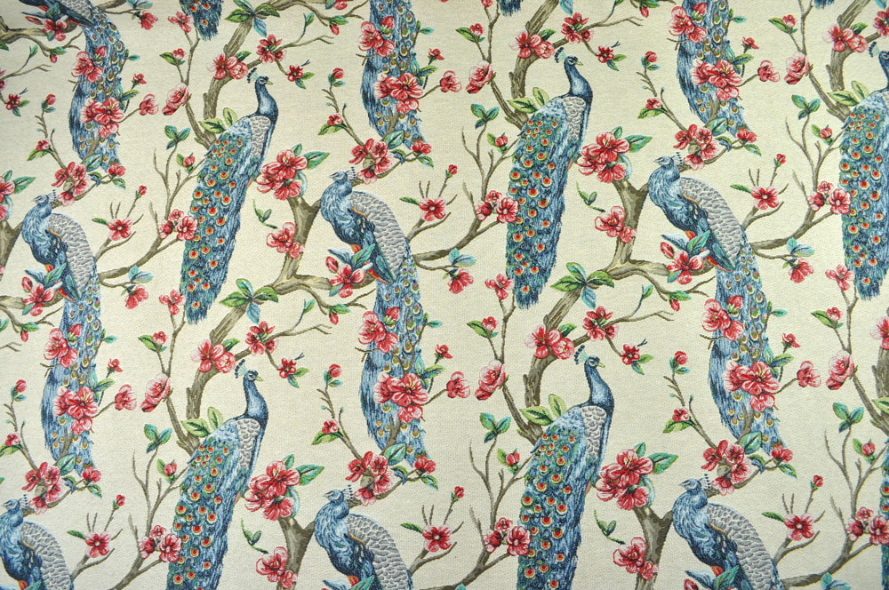 Hochwertiger Jacquard mit eingewebten Pfauen zwischen exotischen Pflanzen Ds5951 Jacquard Pfau S4 Dekostoffe Natur Dekostoff Jacquard - Prächtiger Pfau
