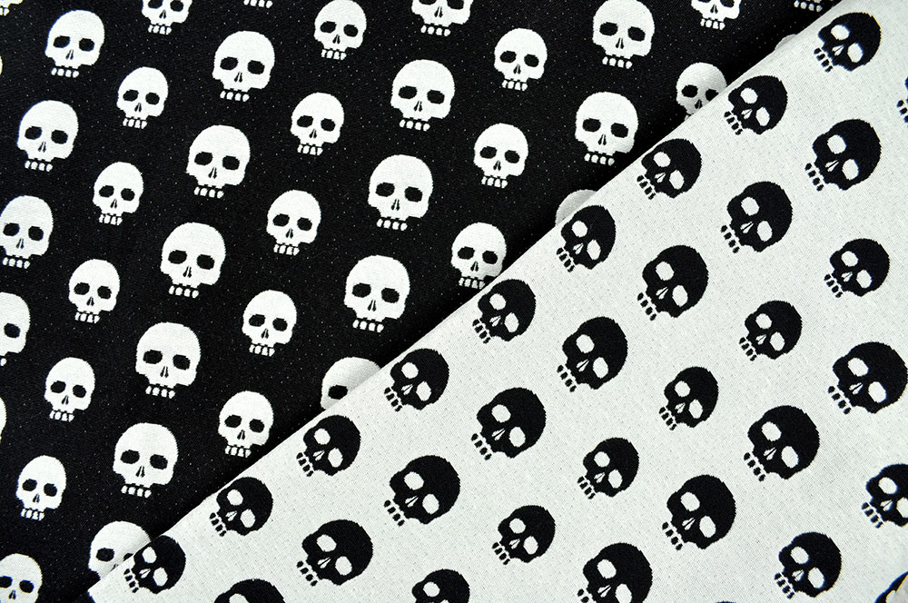 Jacquard in seiner rockigen Form - mit eingewebten Totenköpfen Ds5957 Jacquard Totenkoepfe Schwarz Creme Sonderposten NEU Dekostoff Jacquard - Calavera - Schwarz/Weiß