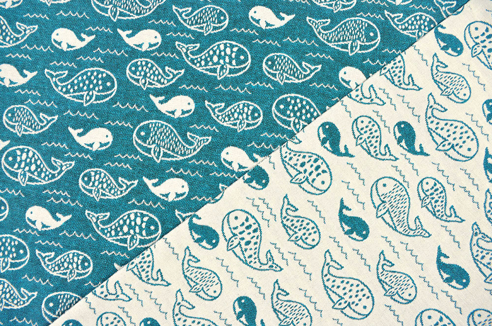 Toller Jacquard-Stoff mit süßem Wal-Design in tollen Farben Ds5958 Jacquard Wale Creme Tuerkis Taschenstoffe Dekostoff Jacquard - Wal-Familie - Creme/Türkis