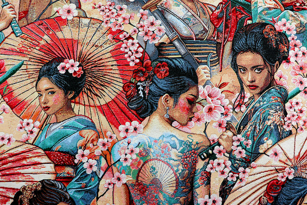Detailreicher Gobelin mit Geishas, Schwertern & Kirschblüten – ideal für Taschen, Kissen & Wanddekoration. Ds6318 Gobelin Geishas Asia S4 Gobelin NEU Gobelinstoff – Geishas & Kirschblüten