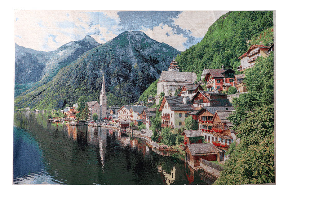 Verwandeln Sie Ihr Zuhause in ein Bergdorf! Extrem detailliert gewebter Stoff im Großformat Ds6336 Gobelin Stoff Panel Hallstatt Dorf See Gobelin NEU Gobelin-Panel - Bergdorf - 134 x 88 cm