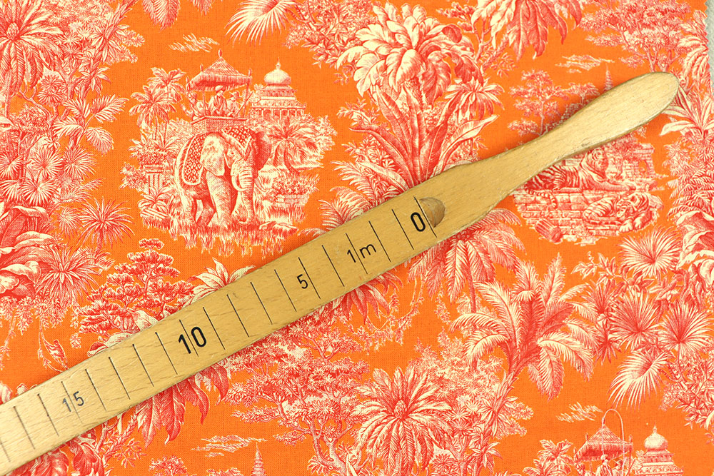 Toile de Jouy mal anders: Edler Cretonne mit Ethno-Motiv in verrückter Farbkombi! Ds6373 Baumwollstoff Toile De Jouy Orange Pink S4 Weltweit Baumwollstoff - Toile de Jouy - Mayani Orange
