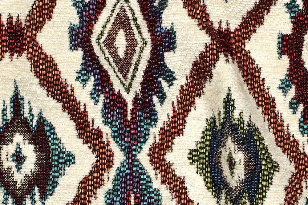 Hochwertiger Chenille-Gobelin mit farbenfrohem Ethno-Rautenmuster. Ideal für Polster, Kissen, Taschen und Dekorationen. Ds6392 Gobelin Boho Rauten Gobelin NEU Chenille Gobelin - Boho Diamonds