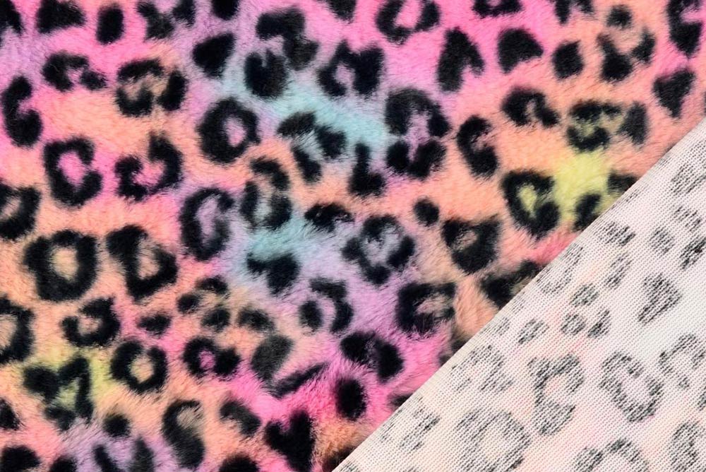 Flauschiger Stoff mit knallbuntem Leo-Muster - super für Accessoires, Bekleidung und vieles weitere mehr! Fn1273 Leo Regenbogen Fell Hand Fellstoffe Fellimitat - Rainbow Leo