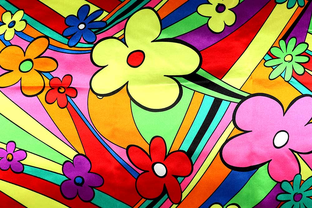 Satin mit schönem Glanz und einem fröhlich-knalligen Muster! Fn1322 Satin Regenbogen Blumen Gemustert Satin - Rainbow Flowers