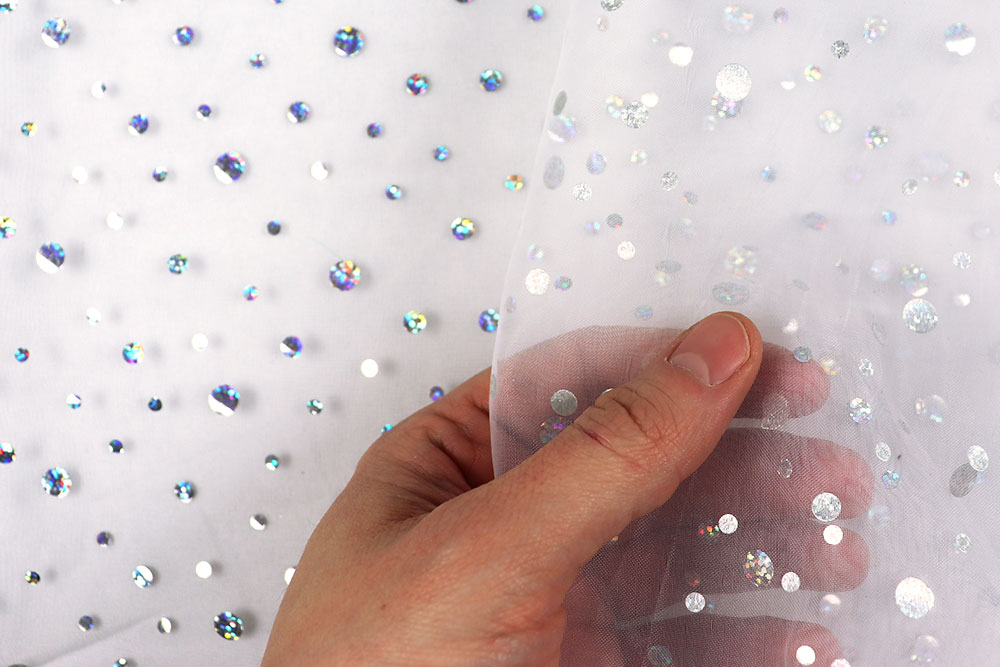 Feinster Organza mit Glitzer-Pailletten, toll für effektvolle Deko, Kleidung, Kostüme usw. Sp168045 Organza Pailletten Weiss 2 Mai Organza Hologramm - Pailletten - Weiß