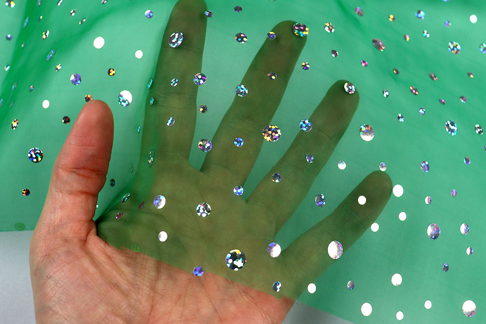 Feinster Organza mit Glitzer-Pailletten, toll für effektvolle Deko, Kleidung, Kostüme usw. Sp168046 Organza Pailletten Gruen 2 Mai Organza Hologramm - Pailletten - Grün