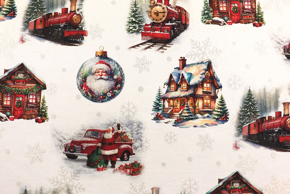 Weihnachtsstimmung mit Dampf, Glitzer und Liebe zum Detail. Wn5338 Jacquard Weihnachtsstoff Eisenbahn S4 Weihnachten Figuren Jacquard Glitzer - Christmas Express
