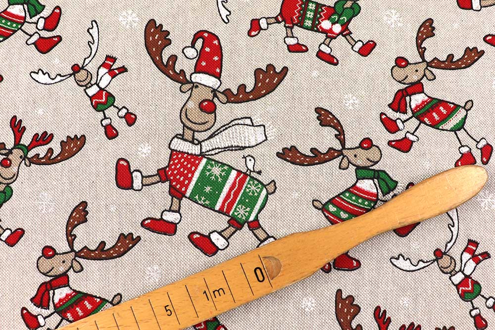 Rentierisch lustiger Dekostoff in gemütlicher Leinenoptik - da macht der Winter gleich noch mehr Spaß! Wn5376 Weihnachtsstoff Rentiere S4 Dekostoffe NEU  Dekostoff Leinenoptik - Lustige Rentiere
