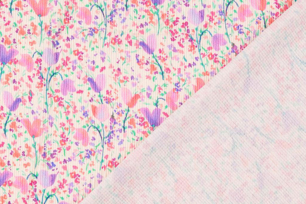 Viskosejersey mit typischer Plissee-Struktur - lässt sich schnell verarbeiten und ist hervorragend geeignet für Damenbekleidung wie Kleider Bk7311003 Plissee Jersey Blumen Elastikstoffe Plissee-Jersey - Leni - Design 3