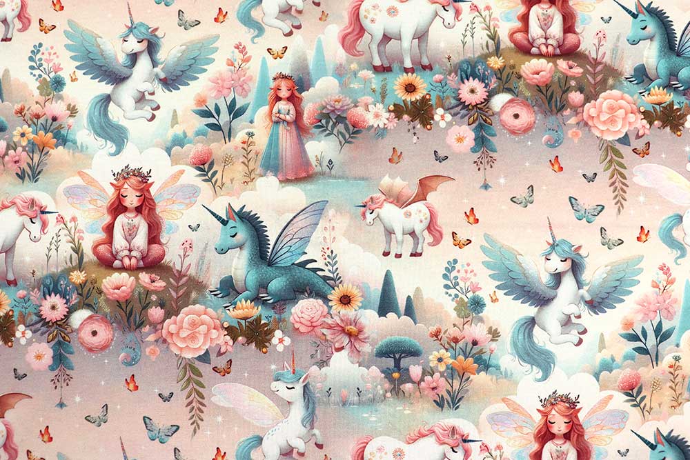 Knallbunter Jersey mit farbintensivem Digitalprint, der Kinderaugen strahlen lässt! Bk7641 Jersey Einhorn Maerchen S4 Kinderstoffe Jersey Digital - Einhorn-Märchen