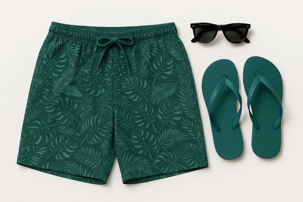 Tropisches Palmenmuster auf petrolfarbenem, wasserabweisendem Stoff – ideal für stilvolle Badeshorts! Bk7825 Badehosenstoff Tropicalpetrol S4y Recycling-Stoffe Badehosen Stoff - Tropica Petrol