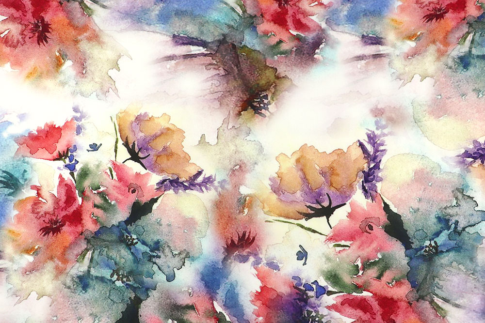Zarter Viskosestoff mit weichem Fall und floralem Aquarell-Print in sanften, harmonischen Farbverläufen.
 Bk7902 Viskosestoff Aquarell Blumen 2 Viskose Viskosestoff - Aquarellgarten