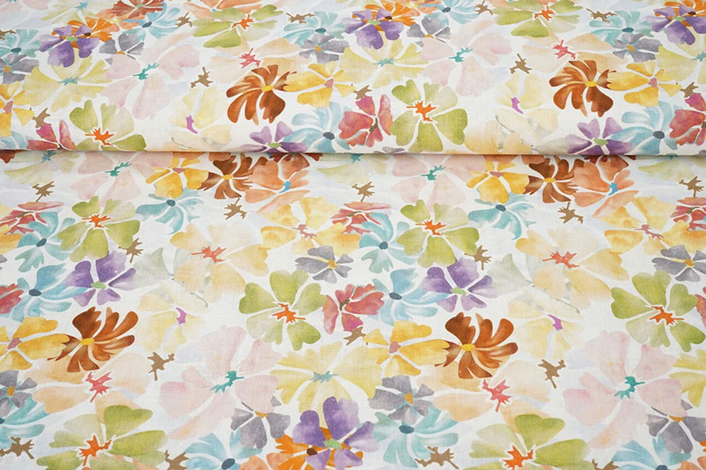 90 % Leinen, kombiniert mit einem floralen Traumdesign - ideal für natürliche DIY-Kleider, Blusen und mehr Bk7952 Baumwoll Leinen Blumen 2 Leinen Baumwoll-Leinen - Sommerblüte
